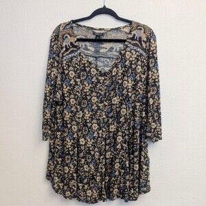 Lucky Brand Women's Floral Griffin Multi Color Button Jersey Top Blouse Size 1X